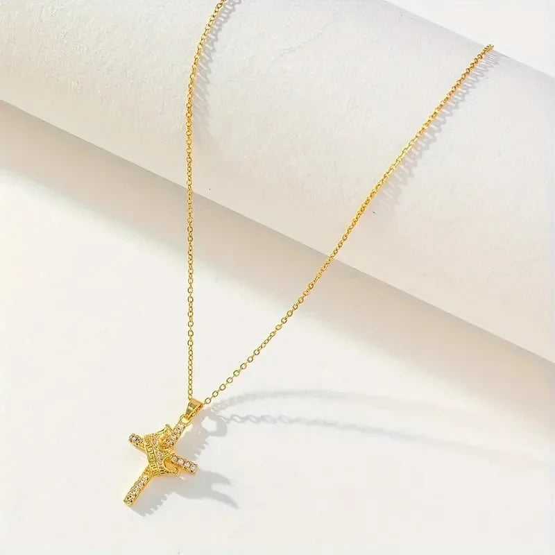Gold Crown Cross Pendant Necklace