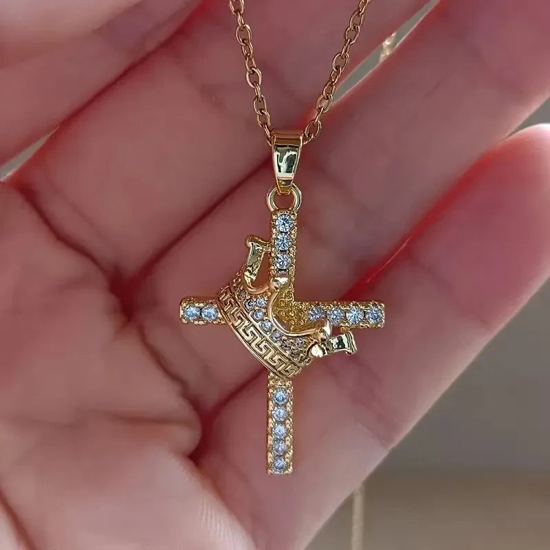 Gold Crown Cross Pendant Necklace