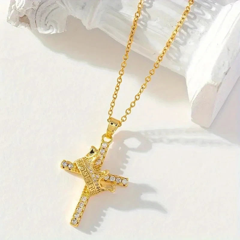 Gold Crown Cross Pendant Necklace