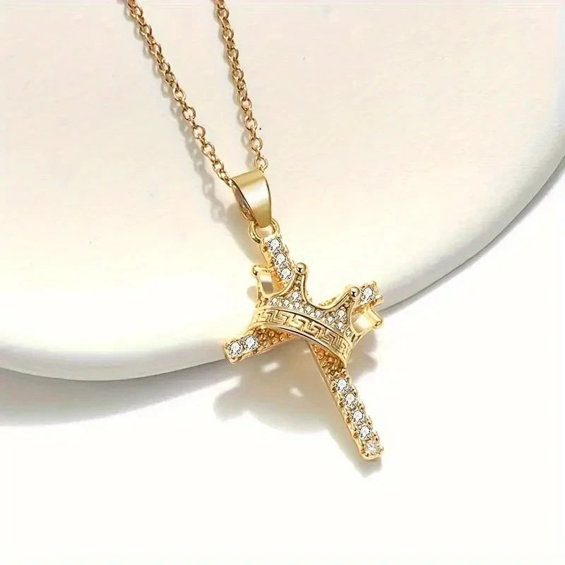 Gold Crown Cross Pendant Necklace